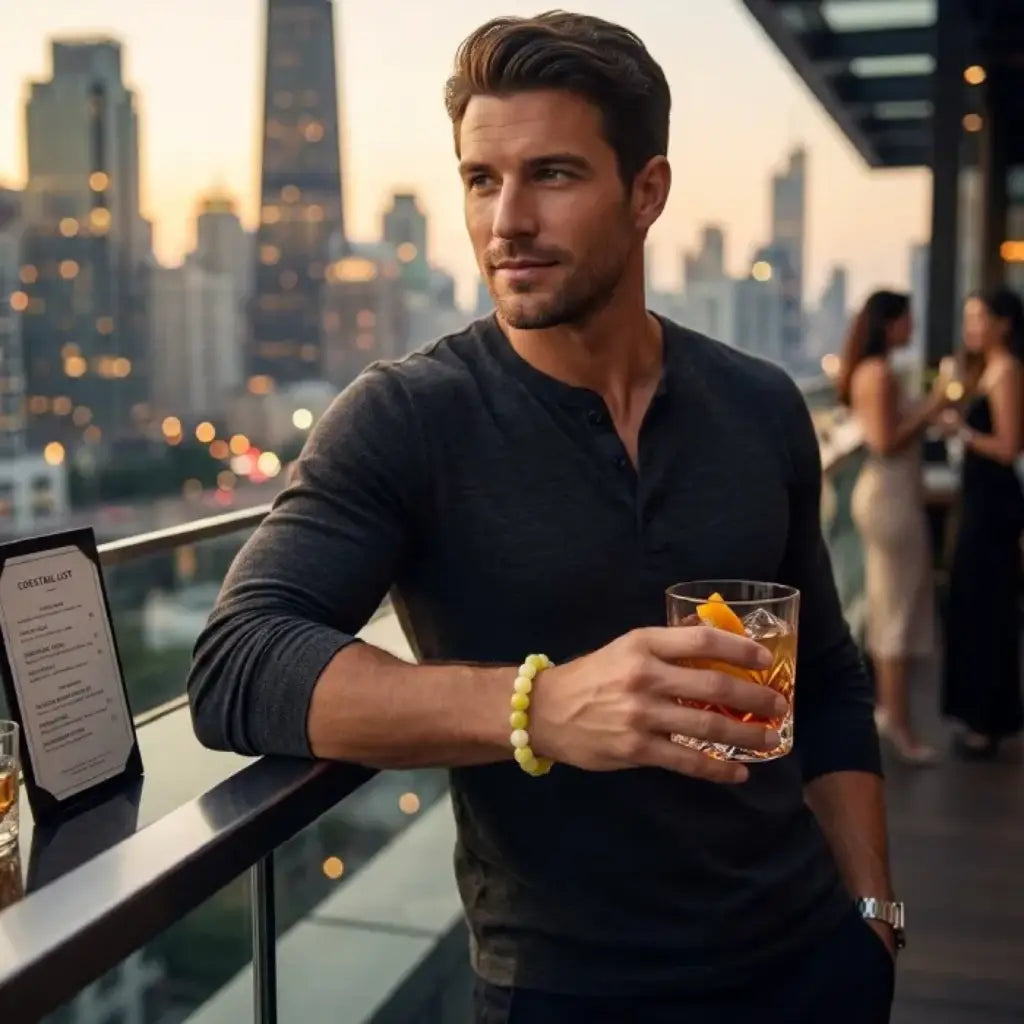 Lemon jade bracelet worn by man holding drink at sunset bar, stylish gemstone jewelry for confident modern lifestyle wear
