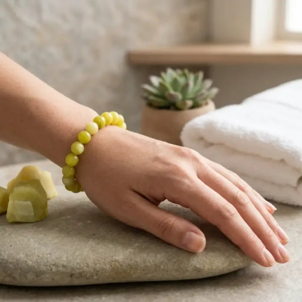 Lemon jade bracelet on wrist in spa setting with towels and stones, calming gemstone jewelry for wellness relaxation style
