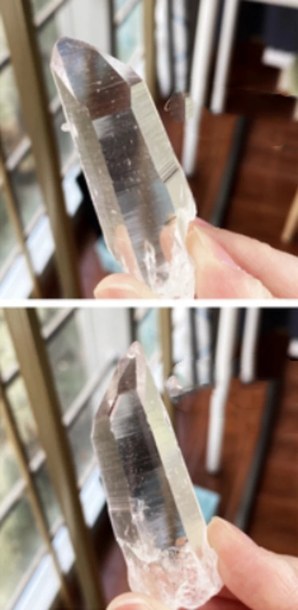 Lemurian collector quartz point with striking clarity and defined etched striations, ideal for premium mineral and crystal collections.