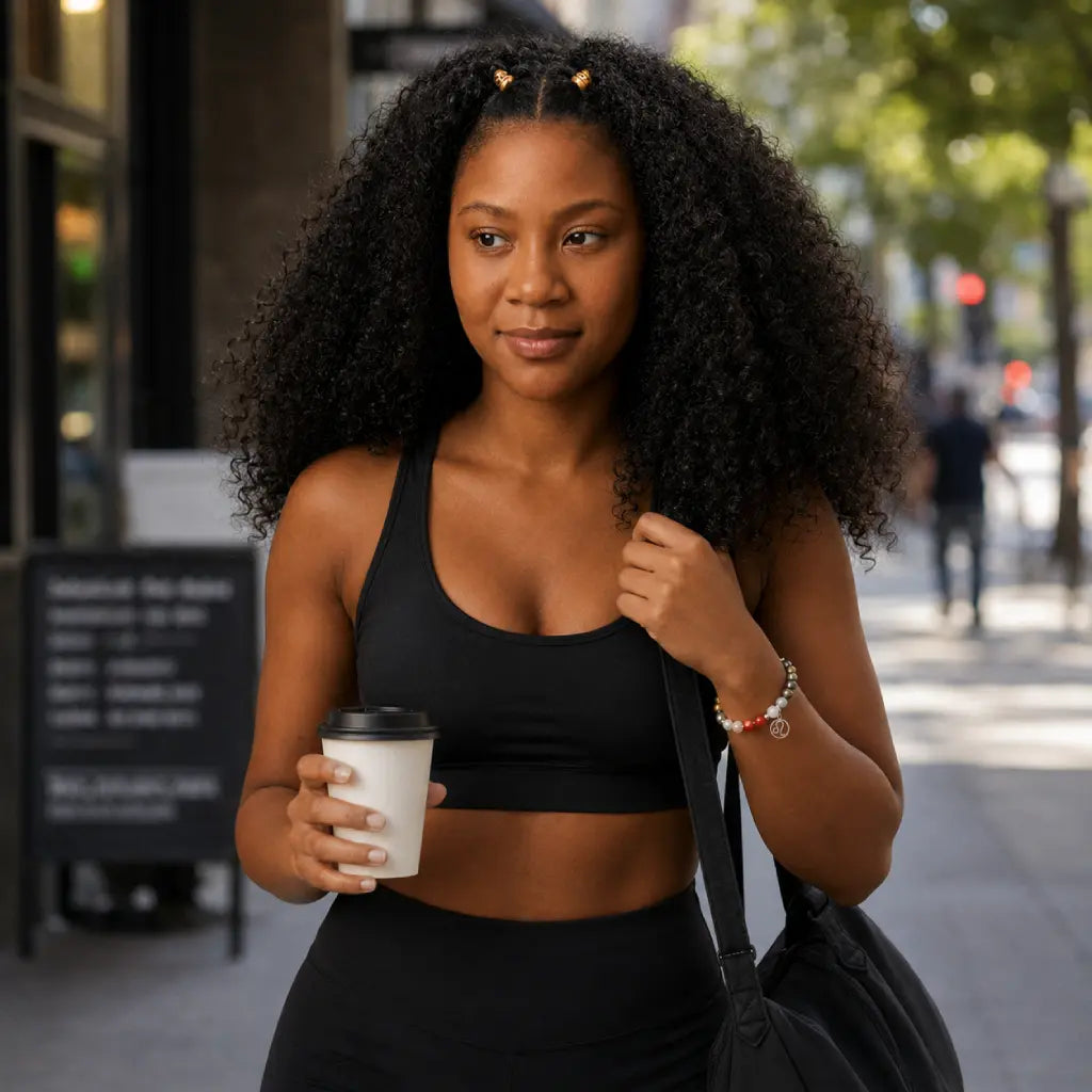 Leo crystal jewelry worn during an active city lifestyle featuring healing gemstone bracelet for confidence and self-expression.