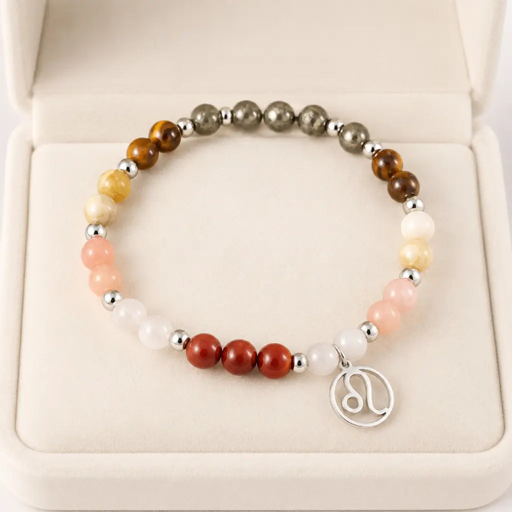 Leo crystal jewelry gemstone bracelet featuring zodiac charm and healing stones displayed in luxury gift box presentation.