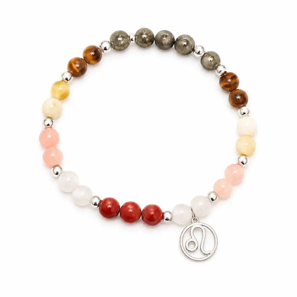 Leo crystal jewelry bracelet featuring healing gemstones and zodiac charm isolated on white background for online shopping.