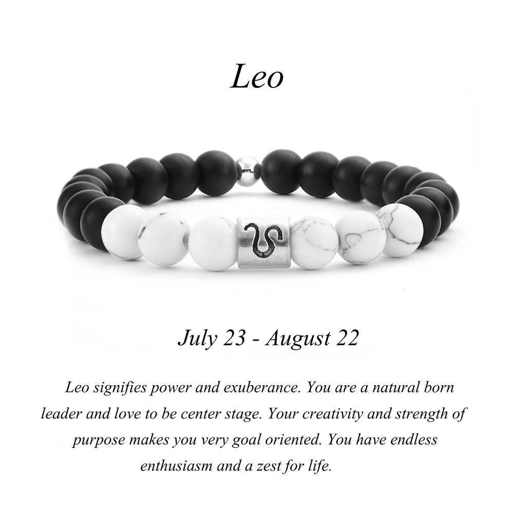 Leo zodiac bracelet with matte black Agate and white Howlite beads and a silver Leo lion charm on white background