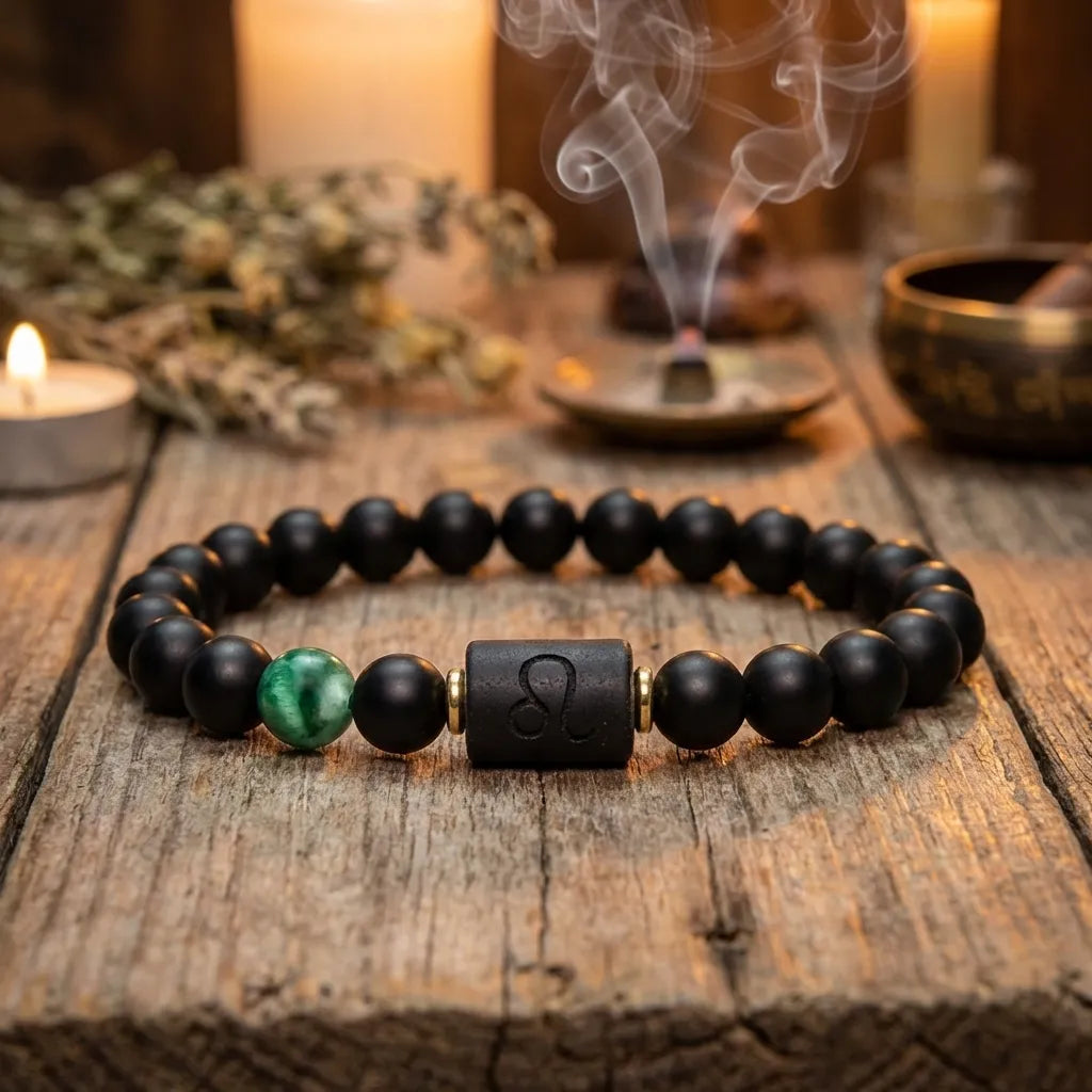 Leo zodiac bracelet with black beads and green stone, spiritual jewelry promoting confidence balance and bold energy