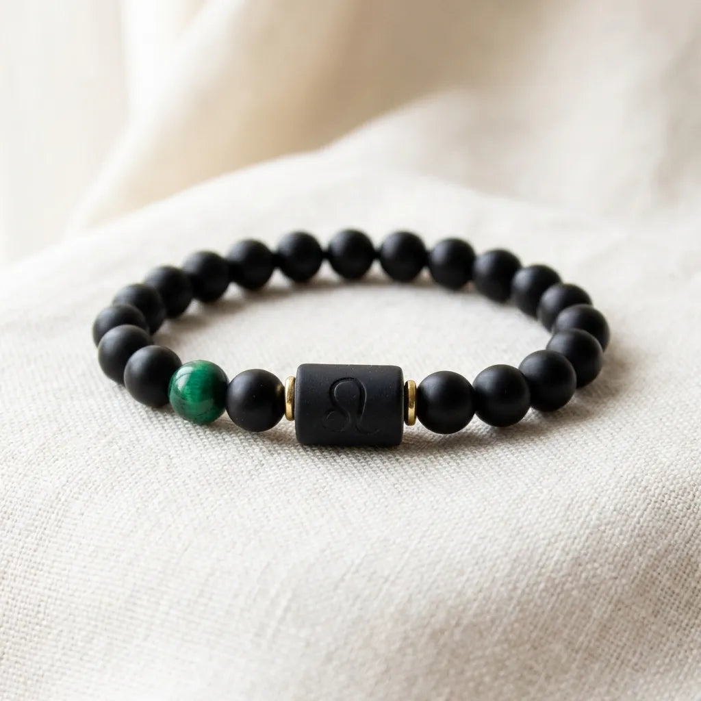 Leo zodiac bracelet featuring matte black beads and green accent, stylish everyday jewelry for confident and modern look