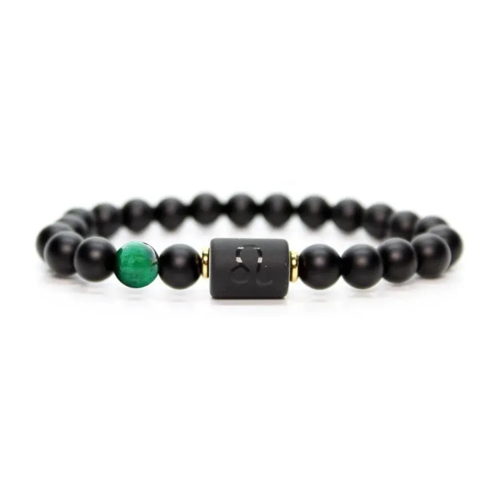 Leo zodiac bracelet with matte black beads and green accent stone, minimalist luxury design for confident everyday wear
