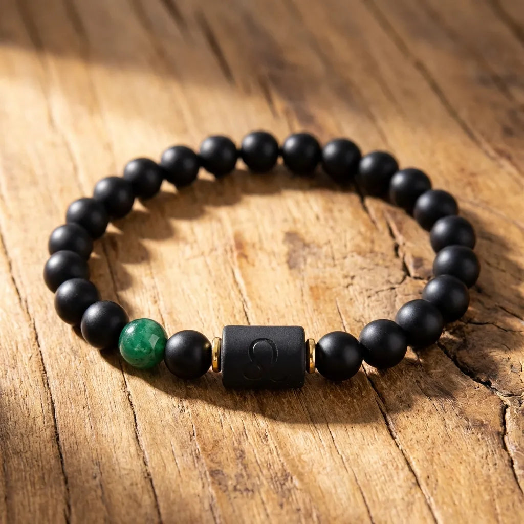 Leo zodiac bracelet with black beads and green gemstone on wood, natural style jewelry for bold confident zodiac expression