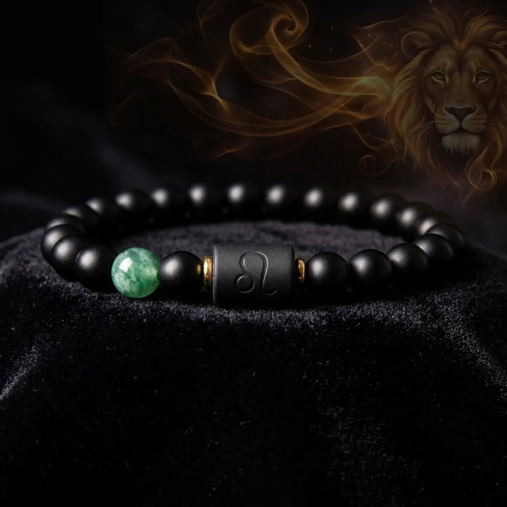 Leo zodiac bracelet with black beads and green stone, lion symbol jewelry representing strength power and bold identity