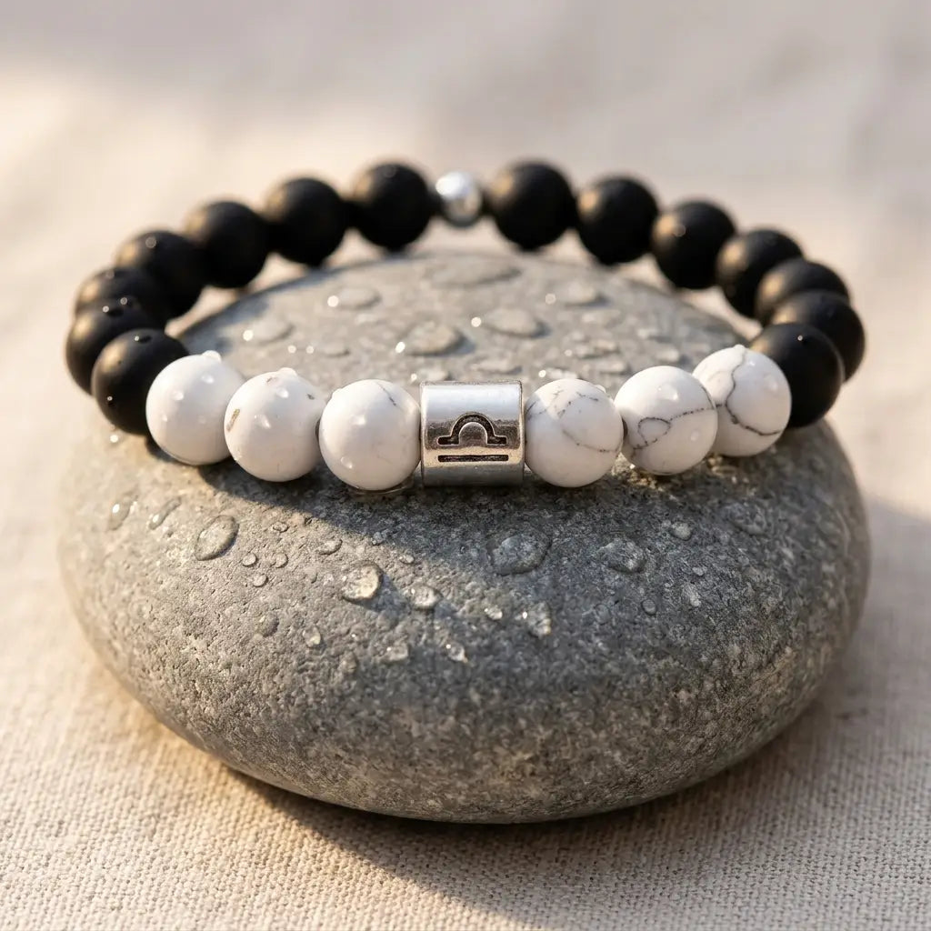 Black and white beaded bracelet with a silver clasp on a stone surface
