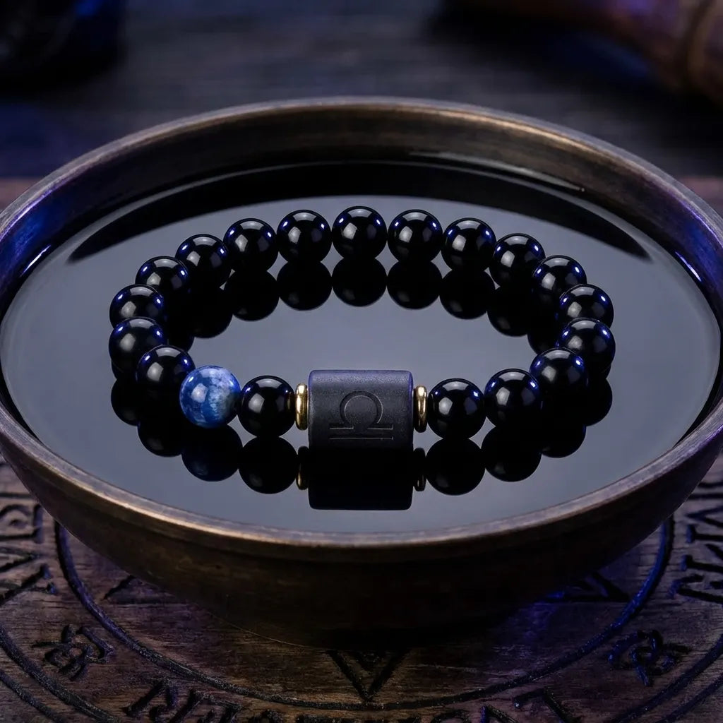 Libra zodiac bracelet with glossy black beads, blue accent stone, and engraved center bead on a reflective bowl.