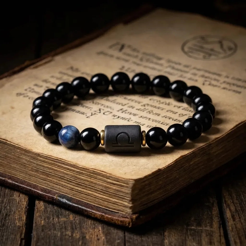 Libra zodiac bracelet with glossy black beads, blue accent stone, and engraved center bead on an old book.