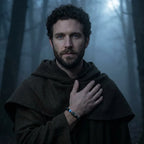 Libra zodiac bracelet worn by a man in a hooded cloak, featuring black beads and blue accent stone in a forest.