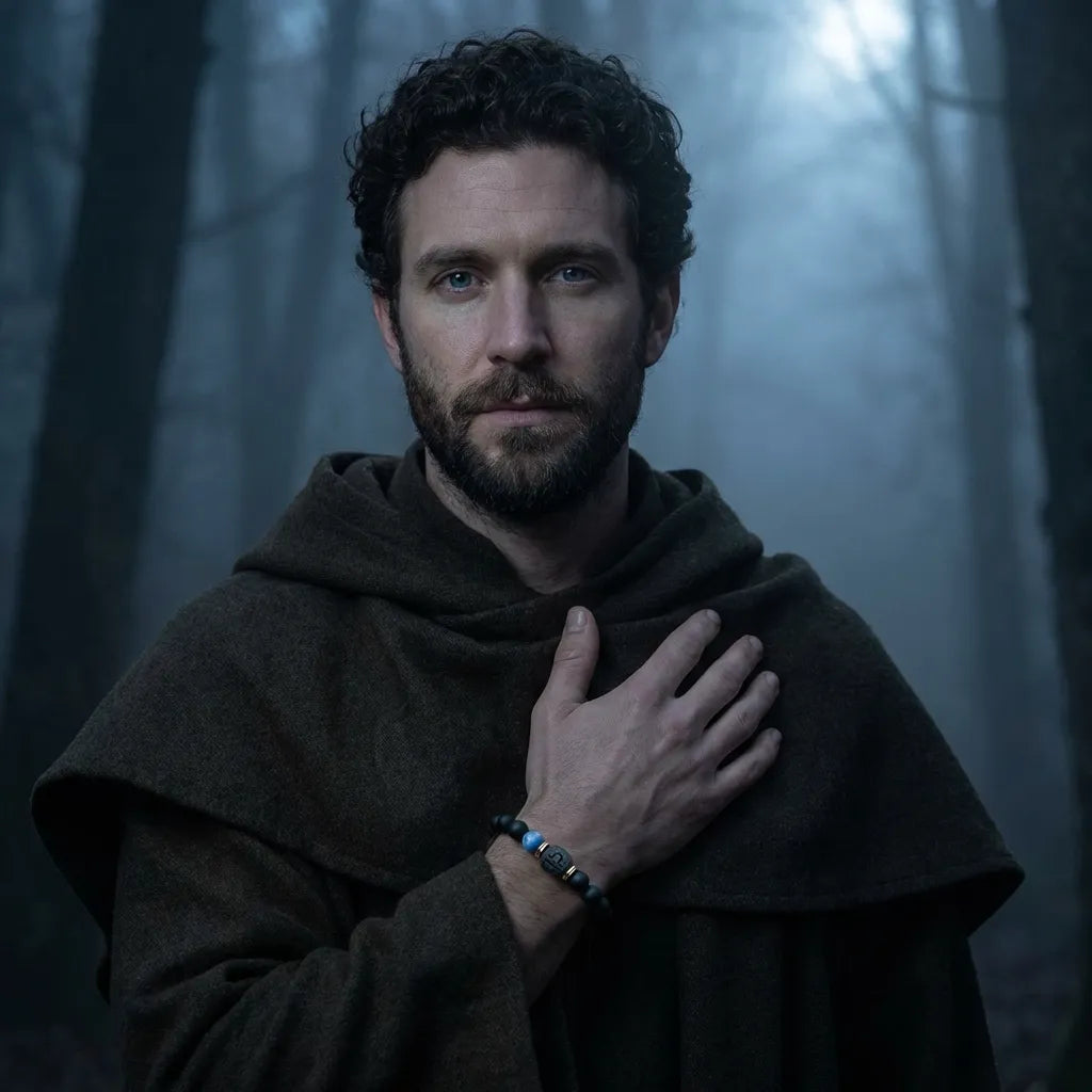 Libra zodiac bracelet worn by a man in a hooded cloak, featuring black beads and blue accent stone in a forest.