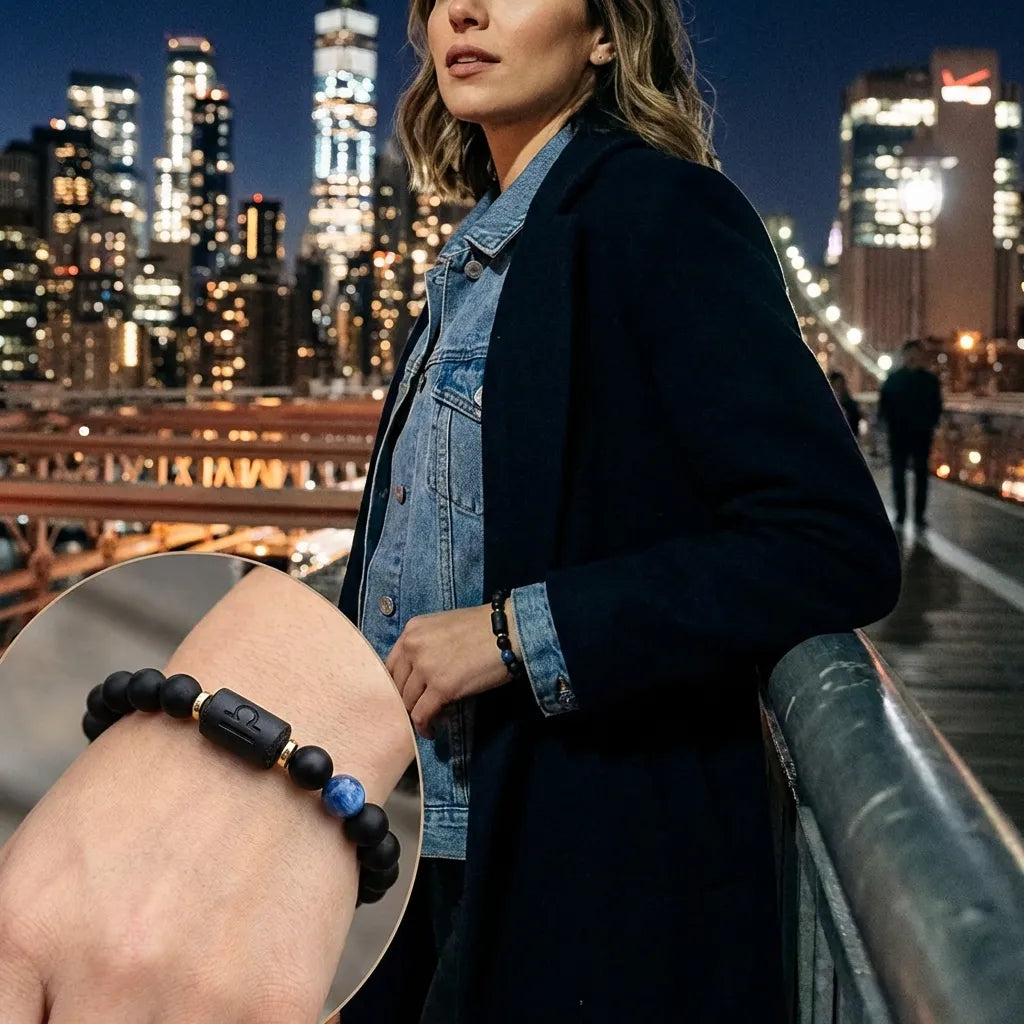 Libra zodiac bracelet worn by a woman on a city bridge at night, featuring black beads and blue accent stone.
