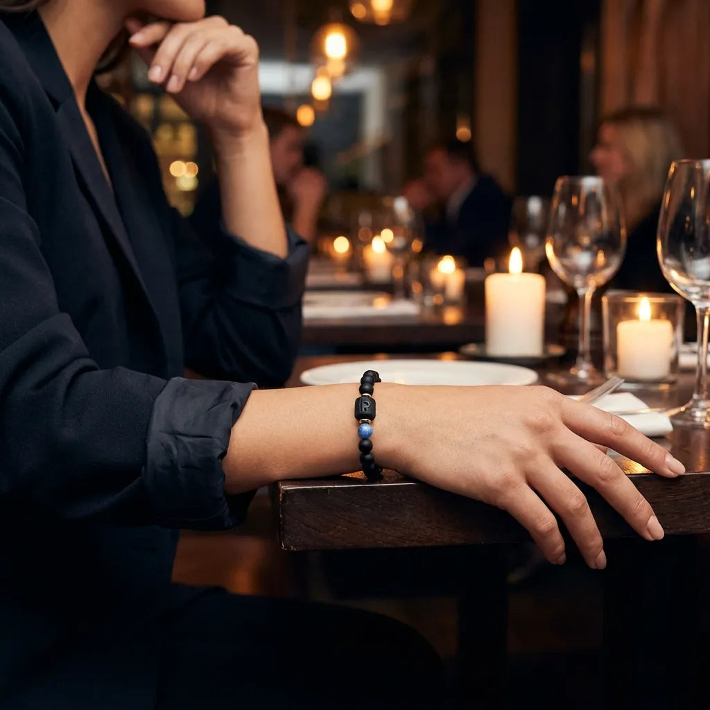 Libra zodiac bracelet worn on a woman's wrist at a restaurant table with candles, black beads and blue accent stone.