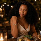 Libra zodiac Jewelry worn during candlelit dinner showcasing astrology gemstone bracelet with elegant feminine styling