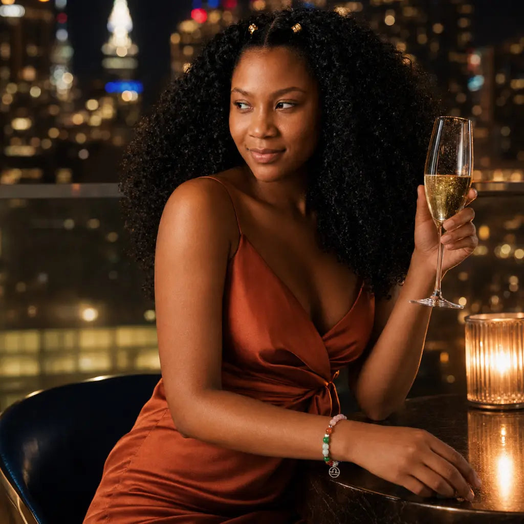 Libra zodiac Jewelry styled for glamorous city nightlife featuring colorful gemstone beads and Libra charm accessory