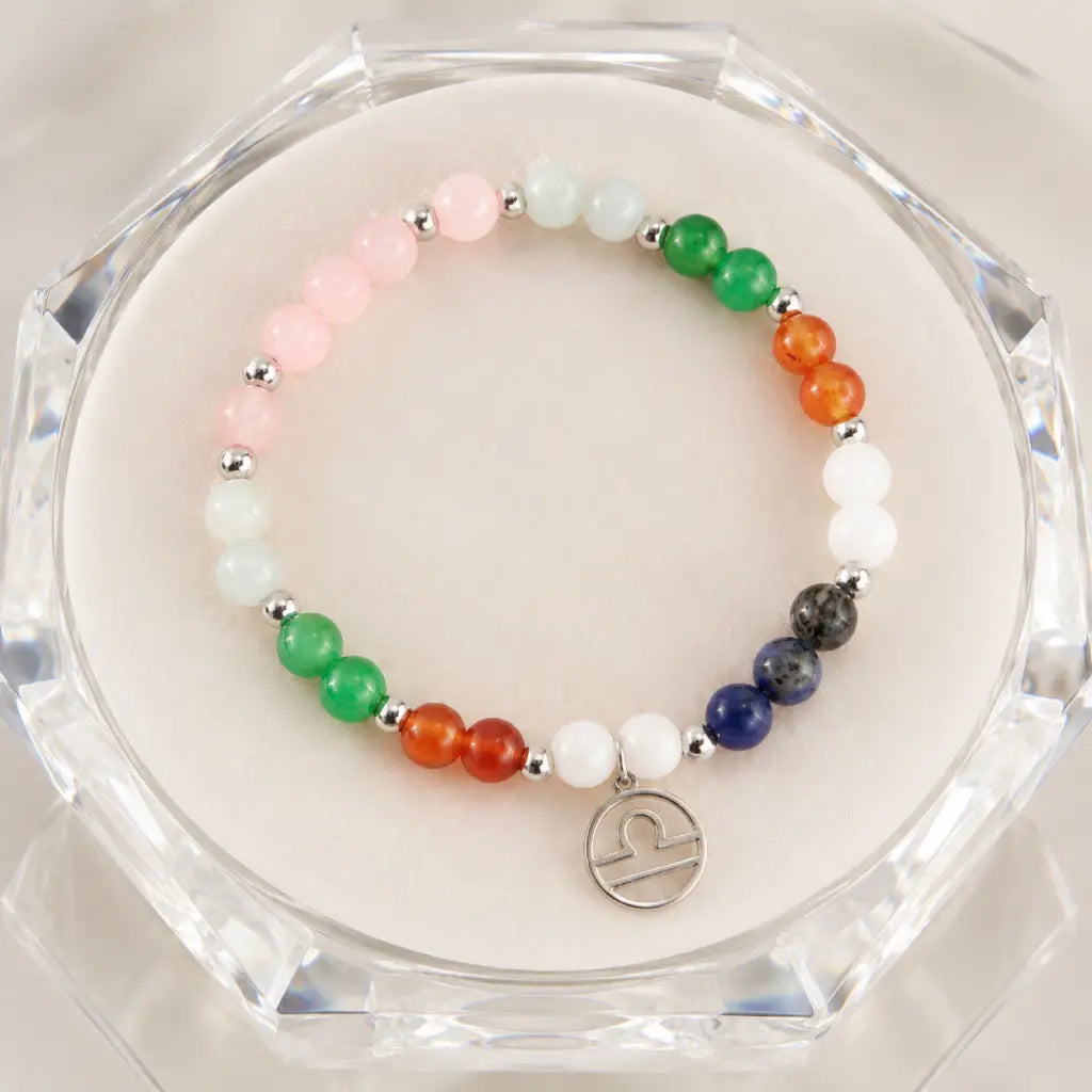 Libra zodiac Jewelry presented in crystal display highlighting handcrafted gemstone bracelet and zodiac charm detail