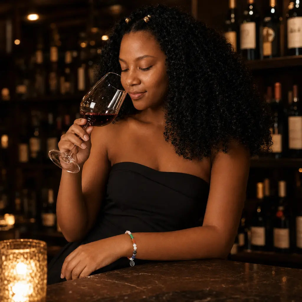 Libra zodiac Jewelry highlighted in wine tasting setting featuring colorful gemstones and celestial charm sophistication