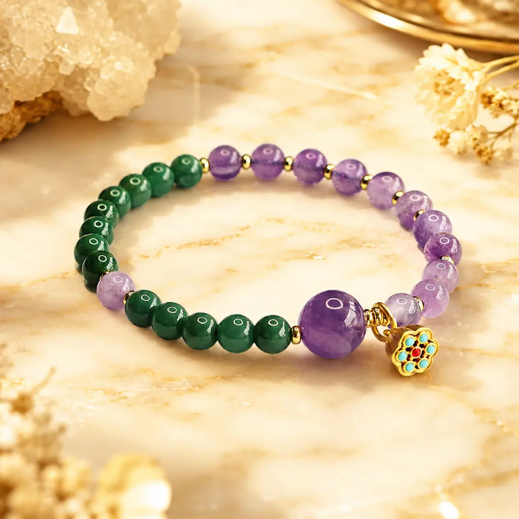 Lotus bracelet with purple and green gemstone beads featuring healing crystal style for elegant daily wear