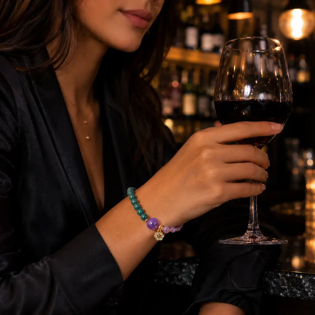 Lotus bracelet with amethyst and green gemstones adding refined crystal jewelry style for evening wear