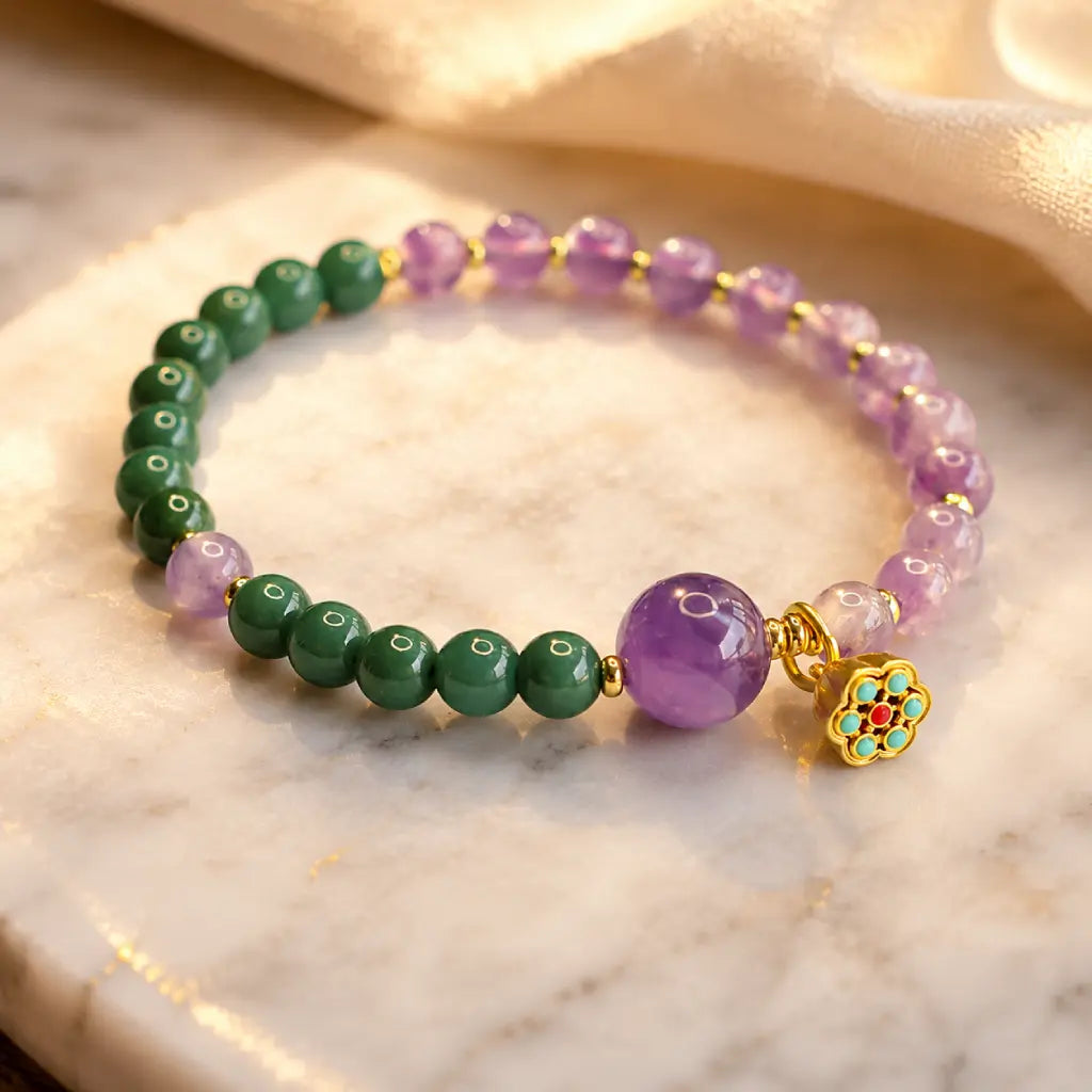 Lotus bracelet with gemstone bead design and floral charm creating peaceful crystal energy style