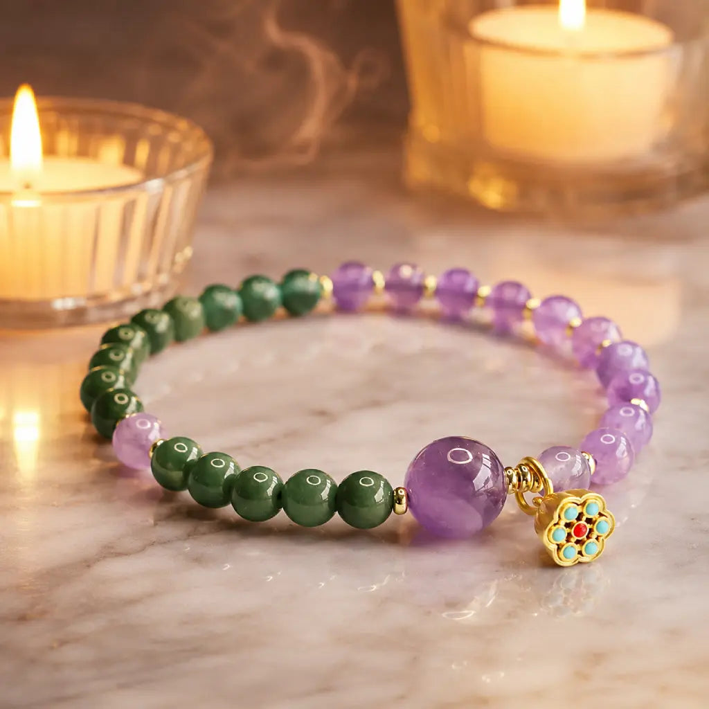 Lotus bracelet with amethyst beads and green gemstones in warm candlelight for calming spiritual style
