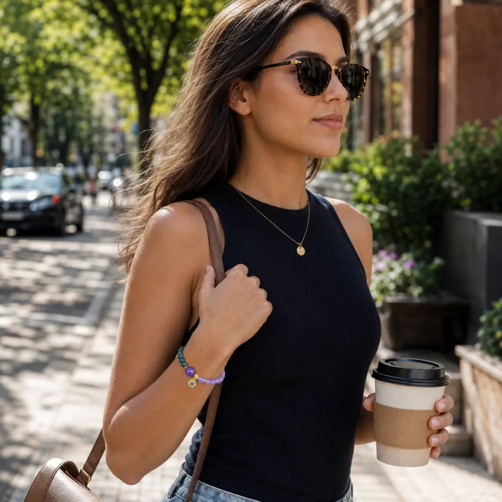 Lotus bracelet with healing crystal beads creating fashionable spiritual jewelry for modern daily wear