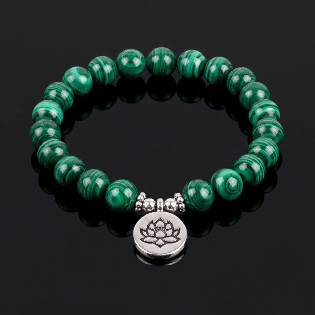 Lotus charm tigereye green gemstone bracelet with polished beads and lotus pendant for spiritual style