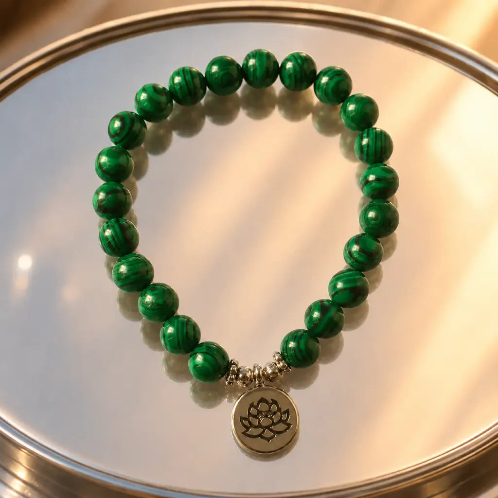 Lotus charm tigereye beaded bracelet on reflective display with natural green stones and mindful energy