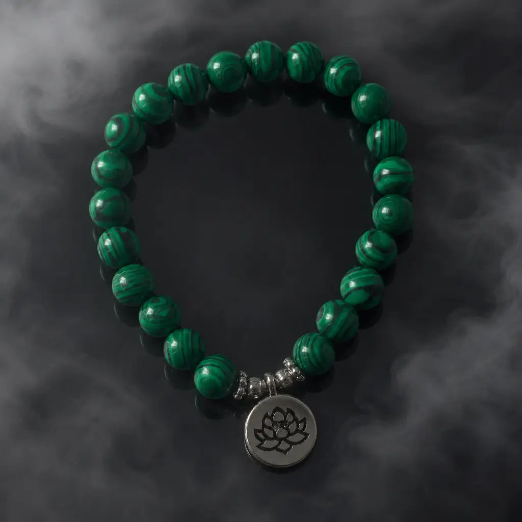 Lotus charm tigereye spiritual bracelet with green stone beads and wellness-inspired meditation design