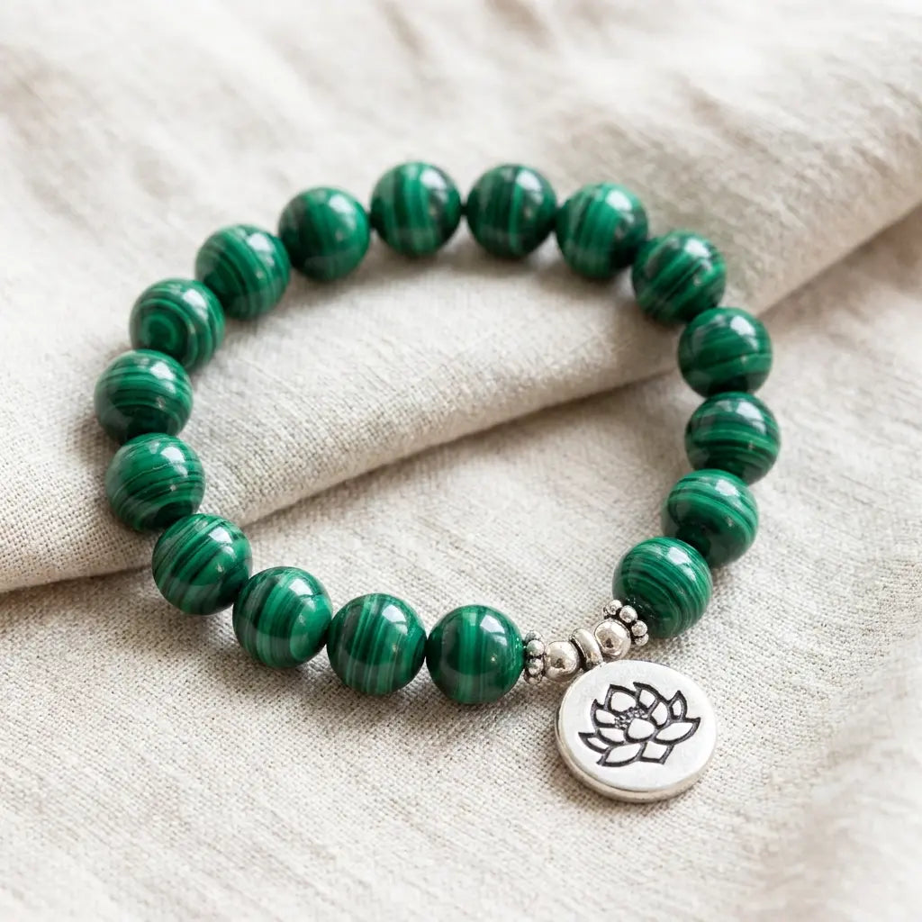 Lotus charm tigereye natural bead bracelet on soft linen with healing crystal style and mindful appeal