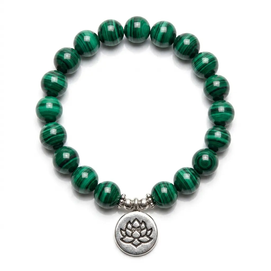 Lotus charm tigereye polished green bead bracelet with lotus pendant for yoga and meditation use
