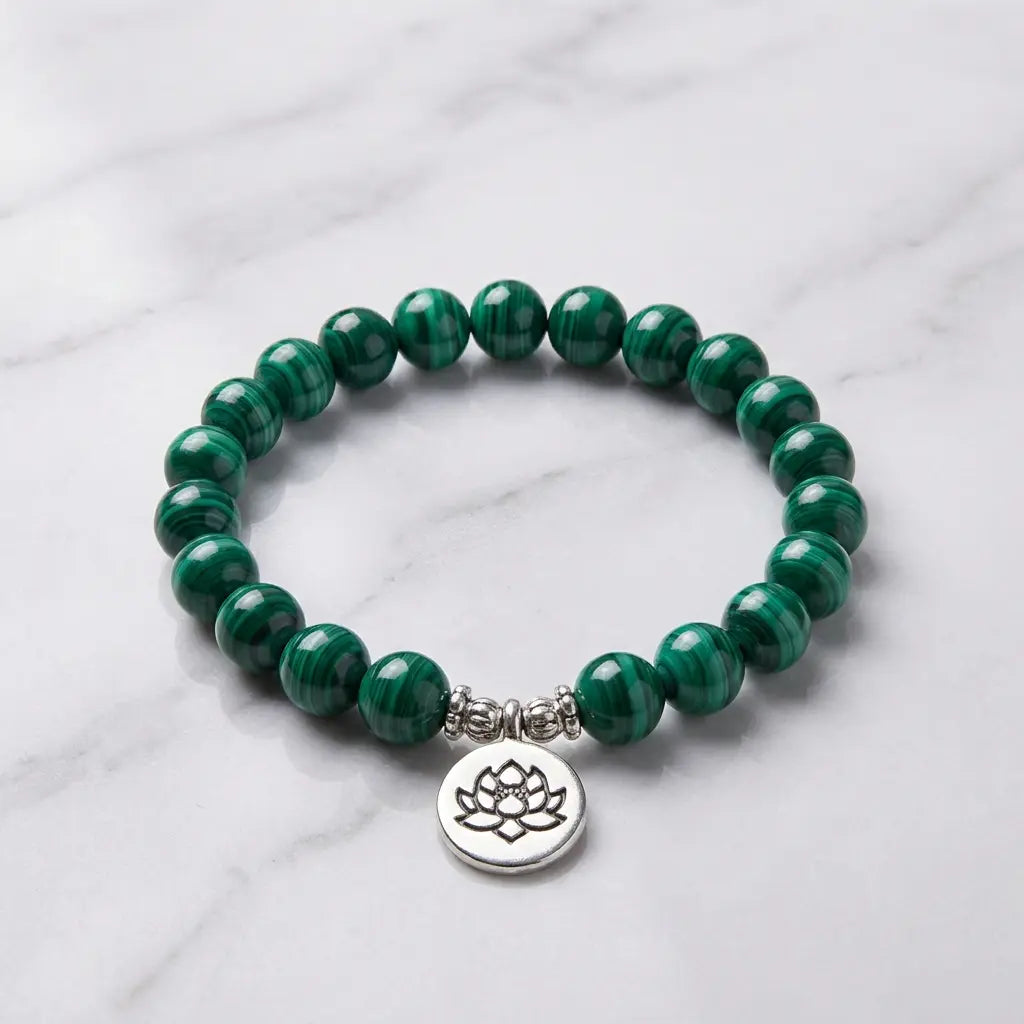Lotus charm tigereye premium green stone bracelet with lotus symbol and calming energy inspired design