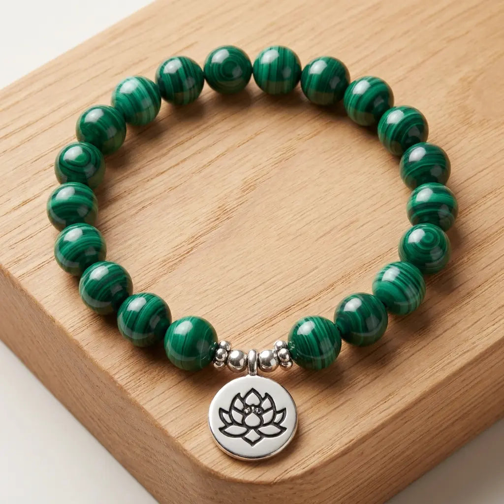 Lotus charm tigereye gemstone bracelet with green crystal beads and wellness-inspired meditation design