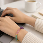 Manifestation bracelet paired with cozy reading moments and crystal wellness energy for mindful relaxation.