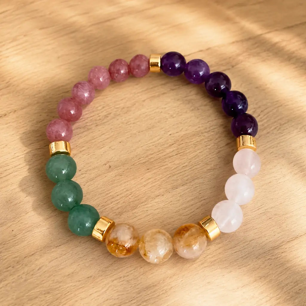 Manifestation bracelet with natural crystal gemstones and calming energy beads supporting inner harmony.