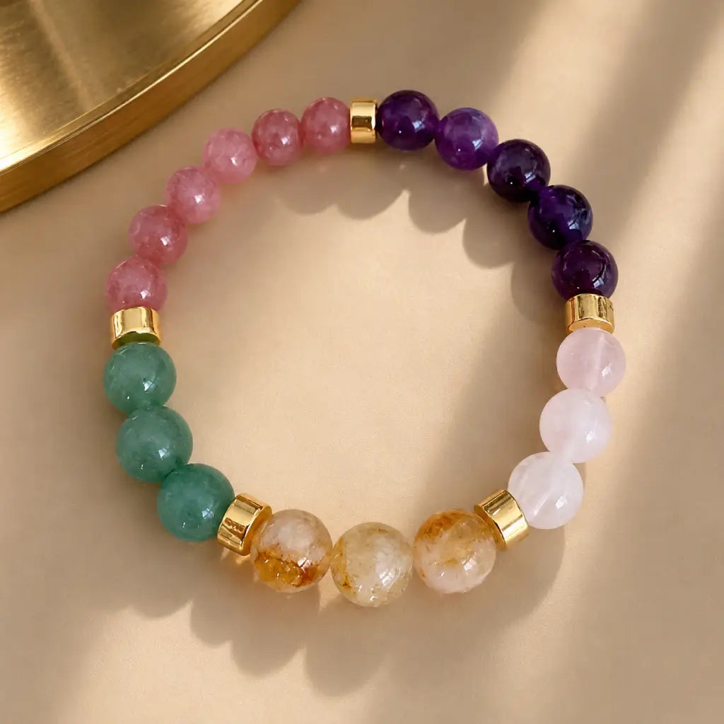 Manifestation bracelet worn during a relaxing morning ritual with gemstone energy for calm daily moments.