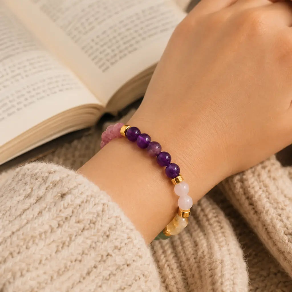 Manifestation bracelet worn while journaling with gemstone healing energy for intentional daily practices.