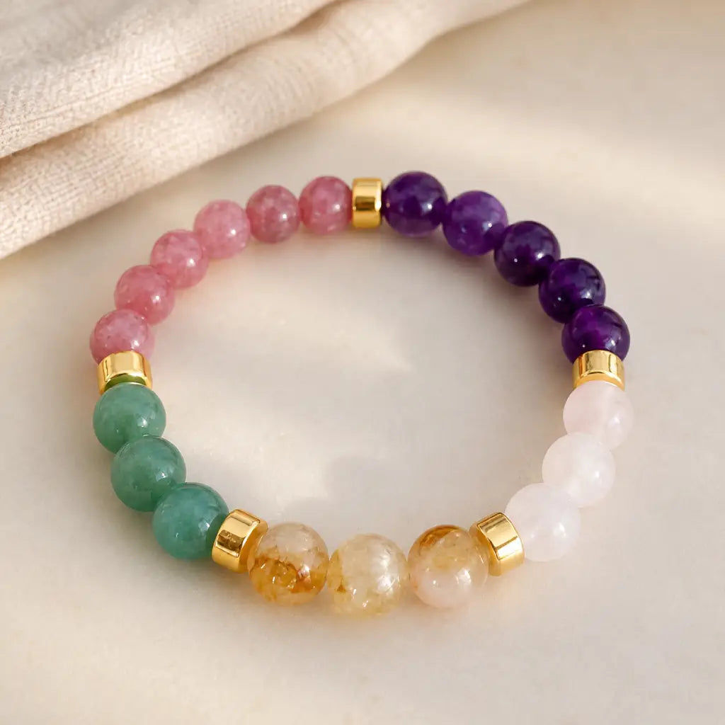 Manifestation bracelet crafted with healing crystal beads and gemstone energy for uplifting wellness rituals.