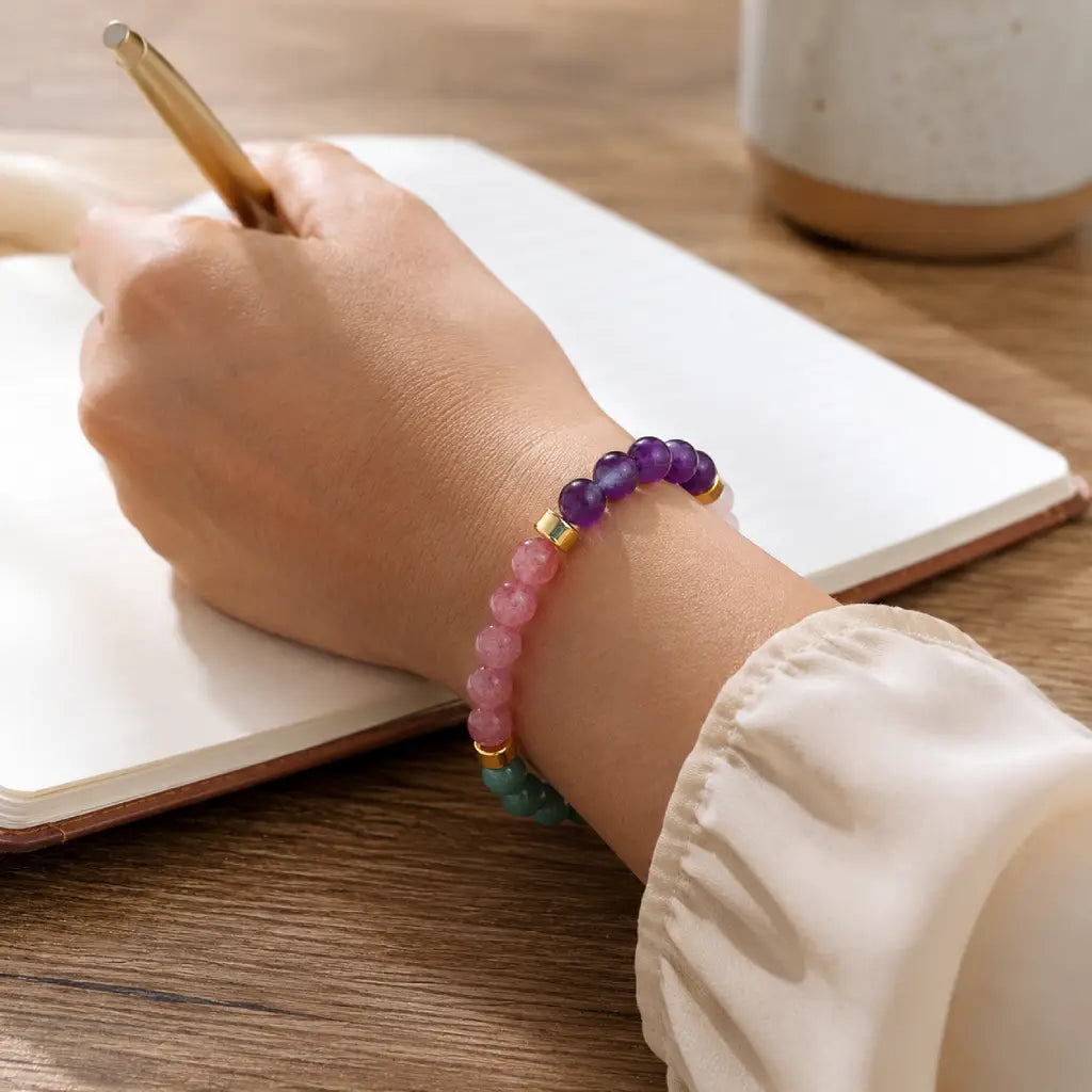 Manifestation bracelet styled during self-care rituals with healing crystals promoting balance and wellness.