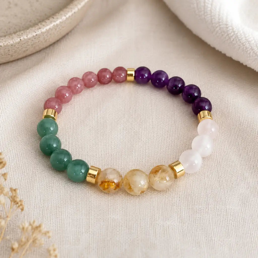 Manifestation bracelet featuring healing crystal beads and chakra gemstone design for positive energy flow.
