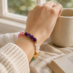 Manifestation bracelet worn during work with crystal healing gemstones supporting focus and positive energy.