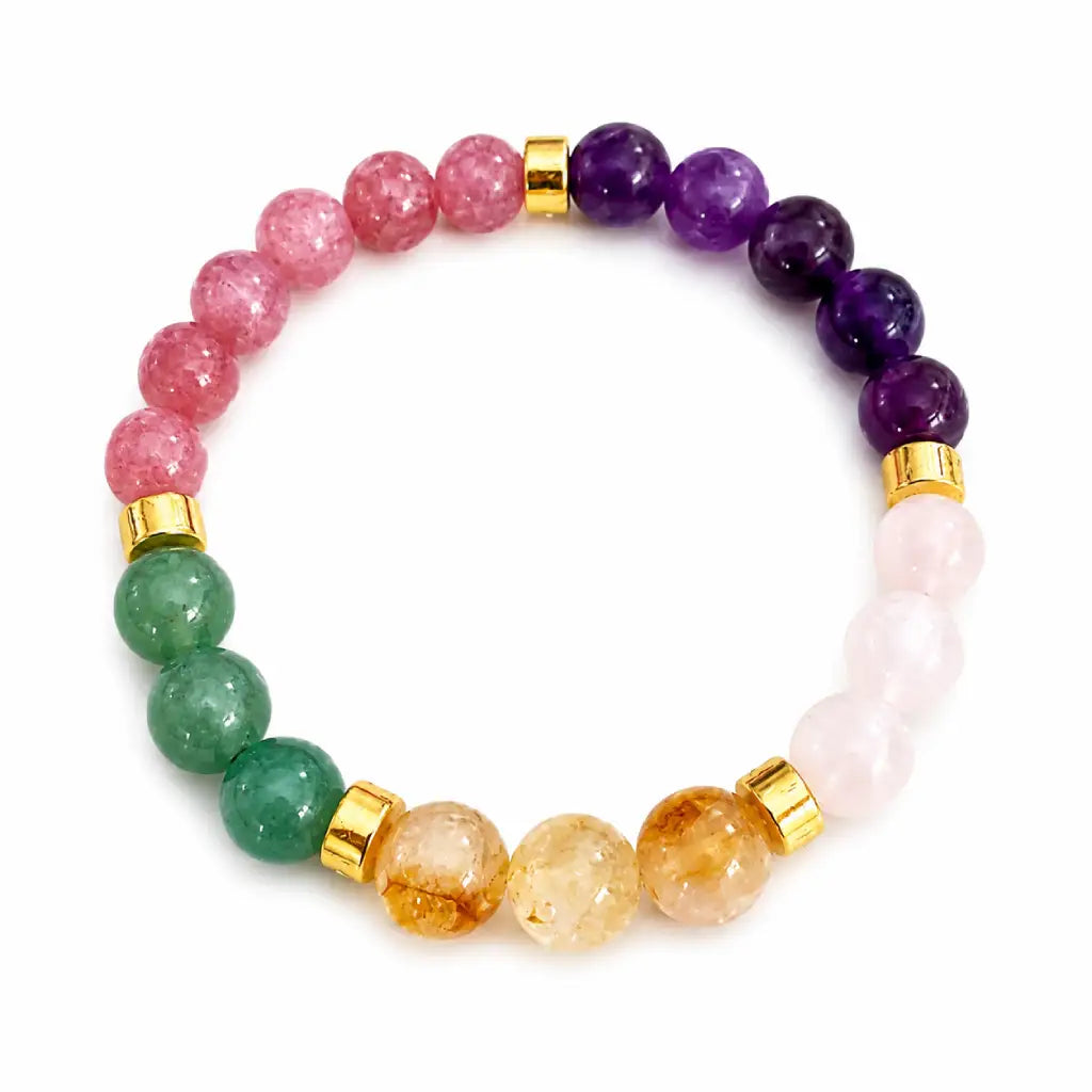 manifestation bracelet with Strawberry Quartz, Amethyst, Green Aventurine, Citrine, Rose Quartz, white background.