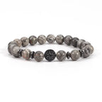 map jasper bracelet with gray stone beads and black tree charm, grounding gemstone jewelry for calm daily wear