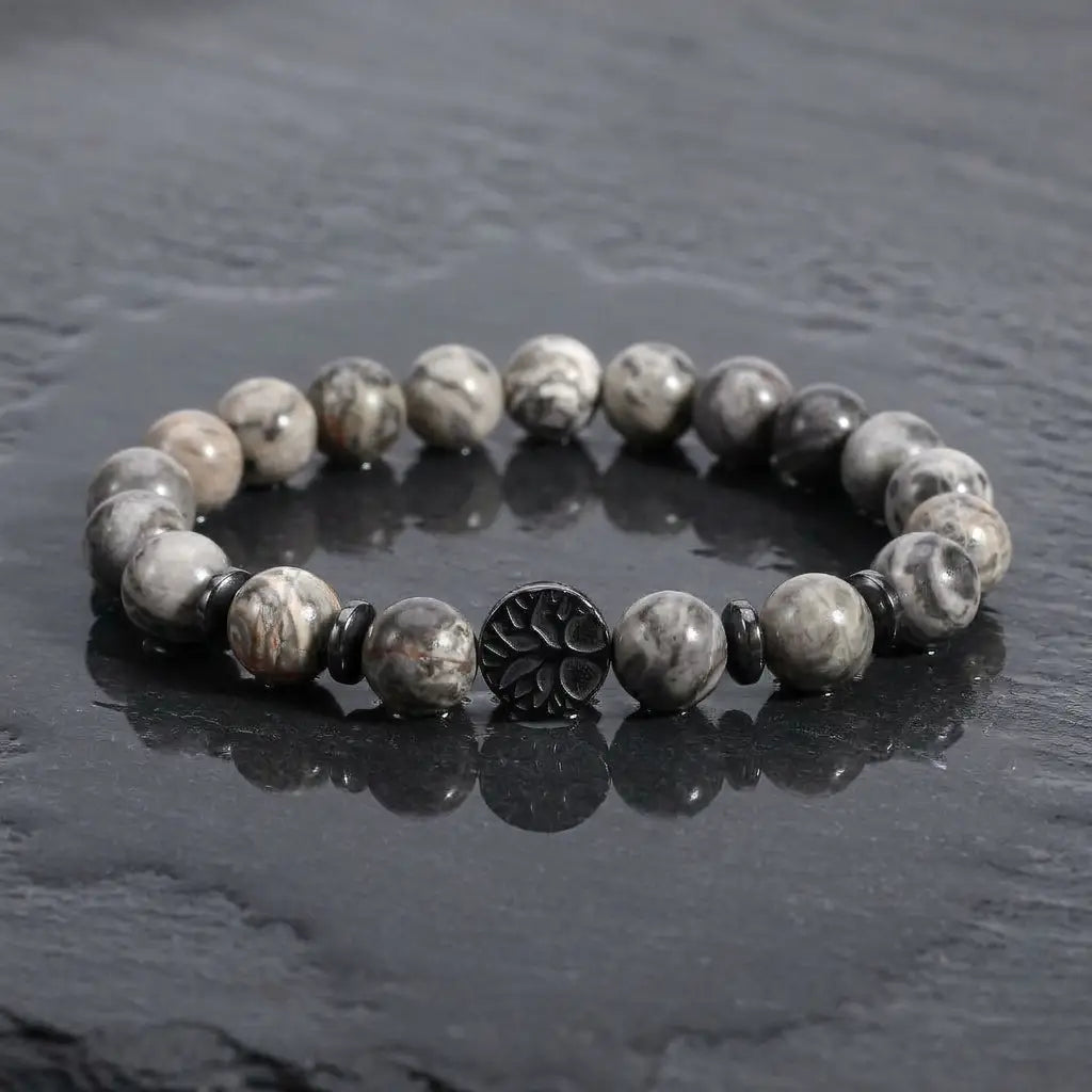 map jasper bracelet on dark slate with polished gray beads, natural gemstone jewelry for earthy modern style look