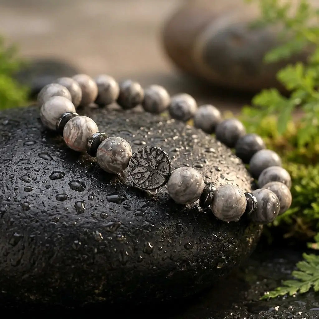 map jasper bracelet on wet black stone with water drops, gray natural beads for grounding energy and outdoor style