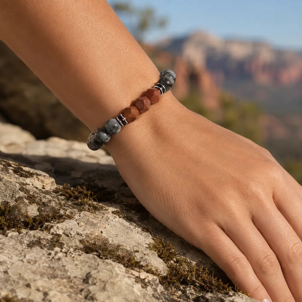Map stone jasper bracelet on wrist outdoors with canyon backdrop and earthy gemstone style for adventure energy