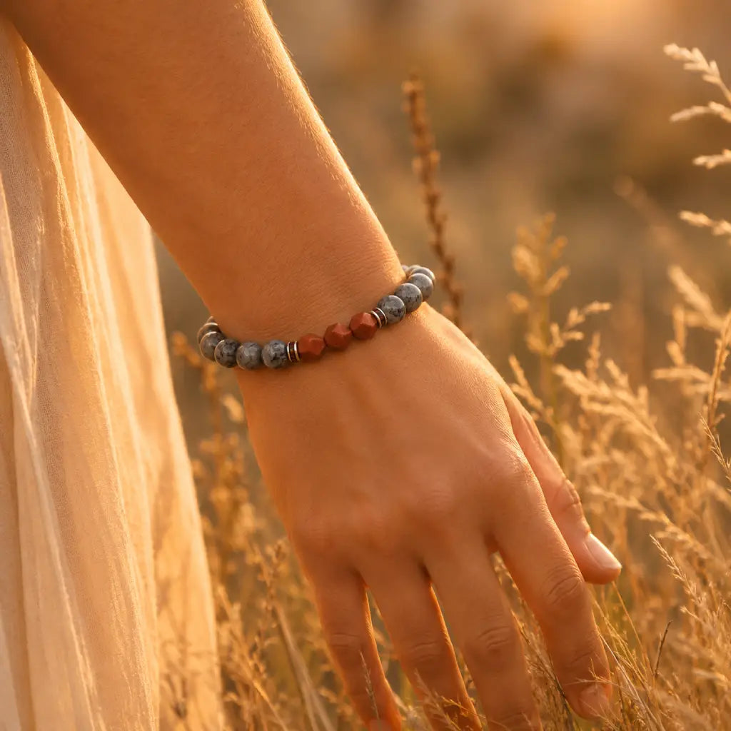 Map stone jasper bracelet on wrist in golden grass, showing gray beads and warm red accents for boho calm today
