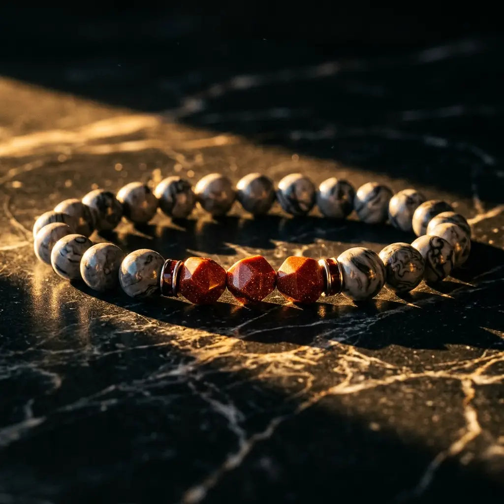 Map stone jasper bracelet photographed on dark marble with warm light, gray beads, and red stones for bold style